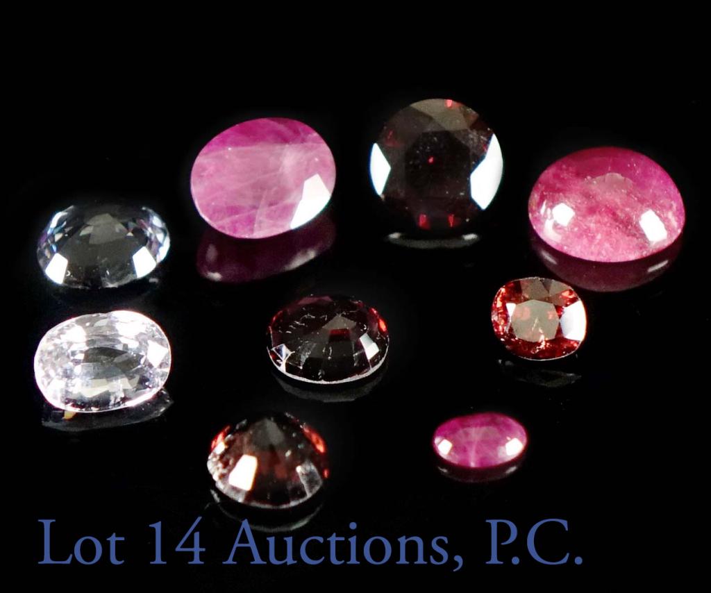 Ruby (3) and Spinel (6) Loose Gemstones: 9 loose gemstones. Includes 3 rubies: 2ct cabochon, 2ct oval, and a .3ct oval. 6 spinels: 2, 1ct red ovals, 1, 2ct red round cut, 1, 1.5ct red oval, 1, 1.4ct silver oval cut, and 1, 1.2ct silver oval.
