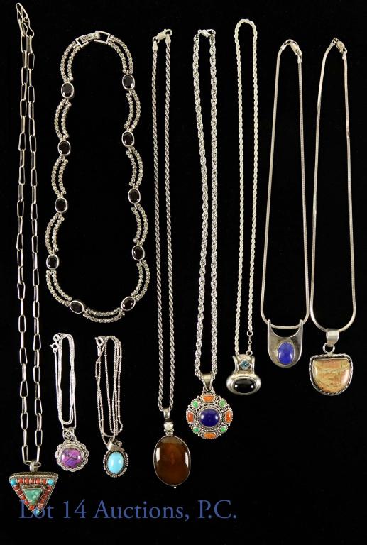 Sterling Silver and Gemstone Necklaces (9): Some stones include lapis, garnet marcasite, onyx and more. Lengths vary from 15-24". Total weight: 7oz.