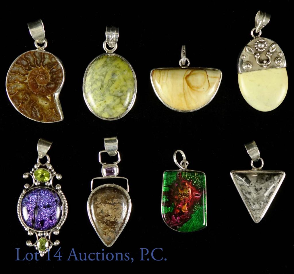 Sterling Silver Estate Pendants (8): (8) sterling silver pendants(all marked "925" or "STER"). 111.6 grams total weight. Stones include serpentine, Apache, fossil shell, and more.