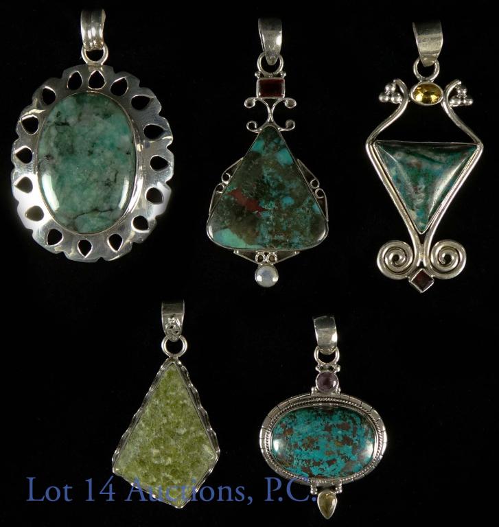 Sterling Silver Estate Pendants Chryso Jasper (5): (5) sterling silver pendants (all marked "925" or "STER"). 69.9 grams total weight. Per consigner, stones include chrysocolla and jasper. *** Lot 14 does not have professional gemologists on staff. Th