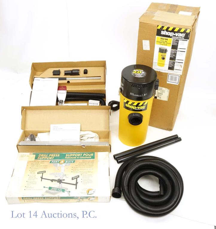 Vacuum and Tool Equipment Lot (4 Pieces): Includes: 1 ShopVac industrial, wall hanging, 3 gal. vacuum (NEW). 1 Plano Provac vacuum turning system (NEW). 1 Drill press support (NEW). 1 Fast track table saw extender (NEW). LATE ADDITION 4/25: F