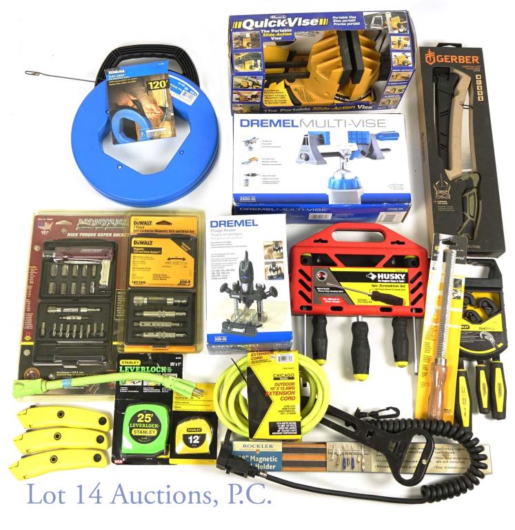 Record, Dremel Vises, Plunge Router & Hand Tools: All of the tools are new, most in original boxes / packaging. Dremel plunge router. Dremel multi-vise. Record Quick-vies. DeWalt magnetic drill & drive system. Montana high torque super socket set. Ge