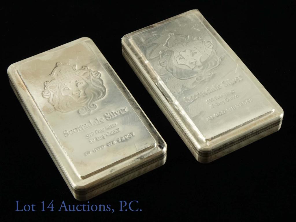 Scottsdale Silver 10 ozt Stackable Bars (2): (2) Scottsdale stackable silver bars. Each bar is 10 troy ounces of 0.999 fine silver. Each bar has been electrically tested with our Metalytics electronic tester. Serial numbers 20199300 & 20199301.