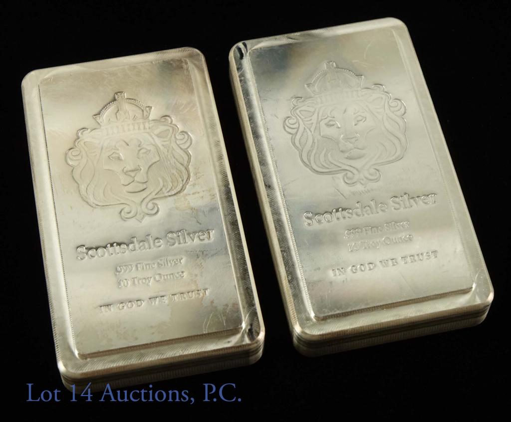 Scottsdale Silver 10 ozt Stackable Bars (2): (3) Scottsdale stackable silver bars. Each bar is 10 troy ounces of 0.999 fine silver. Each bar has been electrically tested with our Metalytics electronic tester. Serial numbers 20199298 & 20199299.