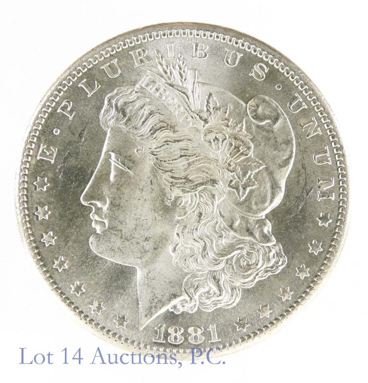 1881-s Morgan Silver Dollar (Gem Prooflike?): 1881-s Morgan dollar (San Francisco Mint). 90% silver. Per consigner, gem prooflike. *** Please note: we at Lot 14 Auctions are not professional coin graders. We are NOT grading these coins. We includ