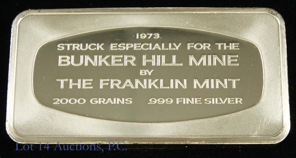 1973 Bunker Hill Franklin Mint 4.1 ozt Silver Bar: 2000 grains (4.1 troy ounces or 129.6 grams) bar of 0.999 fine silver struck by the Franklin Mint in 1973 for Bunker Hill Mine in Kellogg, Idaho. Metal content verified on our Metalytics electronic me
