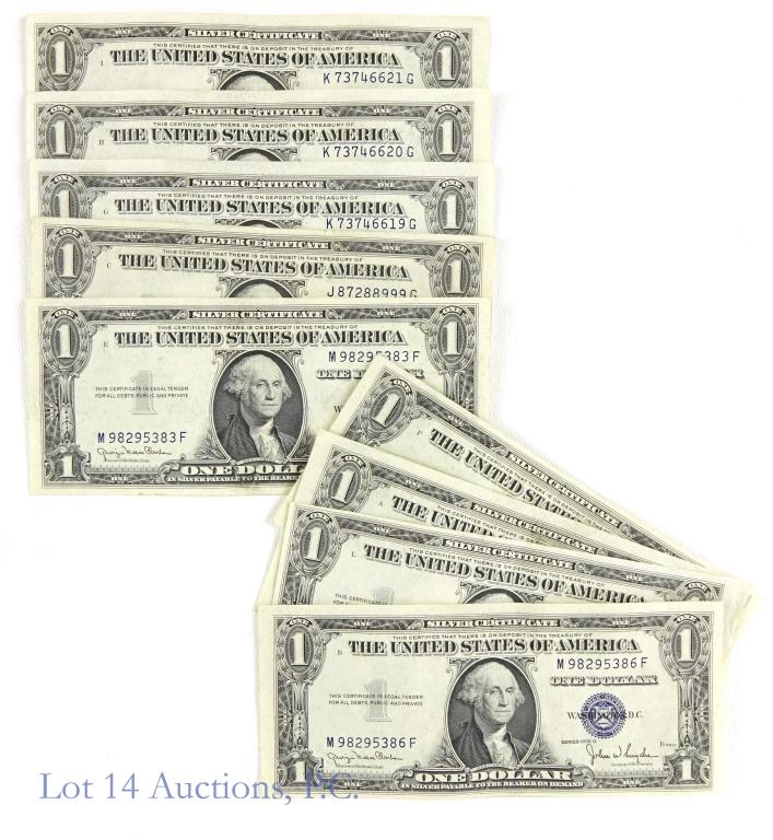 1935D Silver Certificates (Consec Serials): (2) 1935D US $1 silver certificates - consecutive serial numbers (J 87288999 G & J 87289000 G). Some waviness, but no signs of folds or tears. ***** (4) 1935D US $1 silver certificates - consecutive s