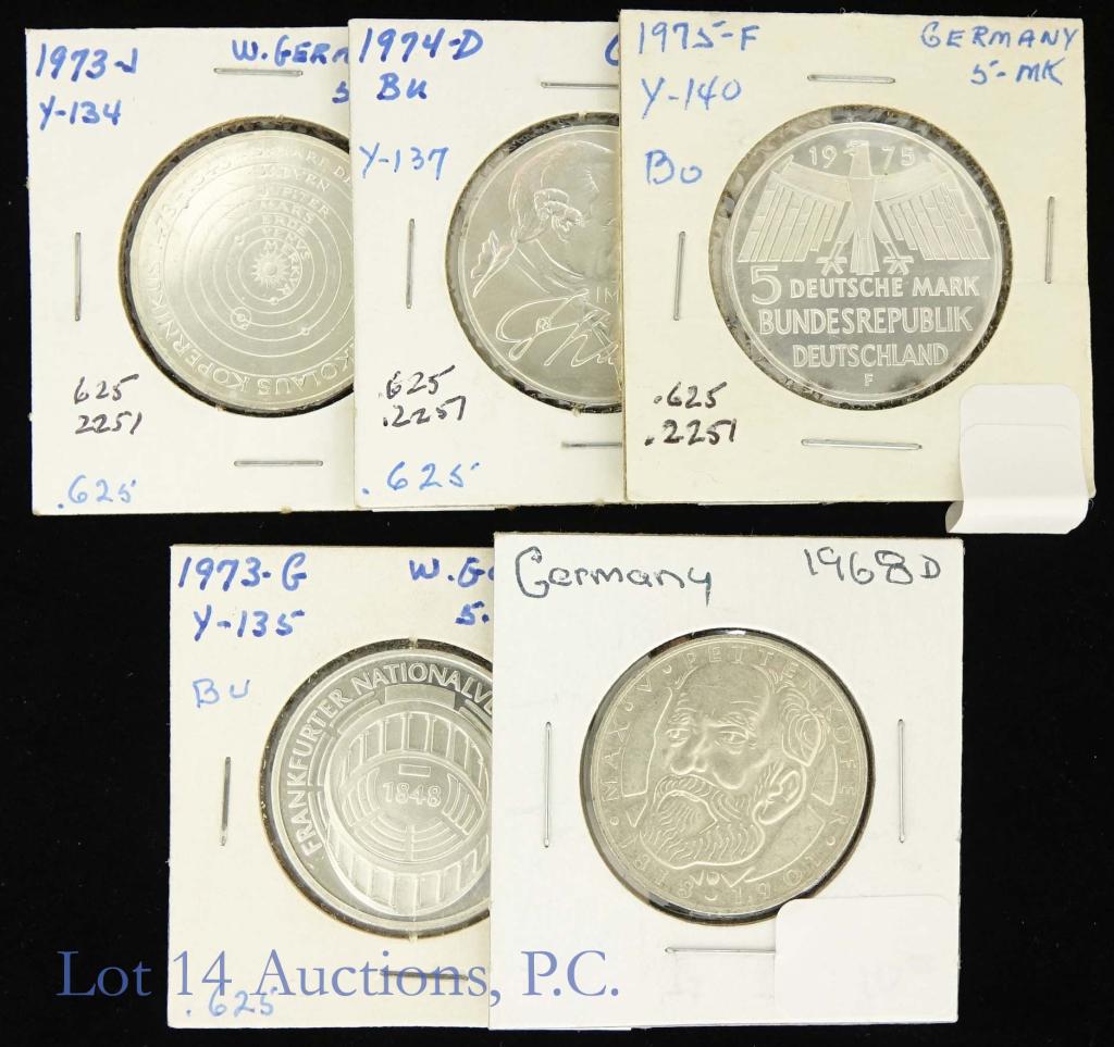 West Germany Silver 5 Mark Coins (5): (5) coins, all 63.5% silver Per consigner, all coins are brilliant uncirculated: 1968-d (Max Pettenkoffer) KM# 123.1 *** 1973-g (Frankfort National Assembly) KM# 137 *** 1973-j (Copernican heliocentri