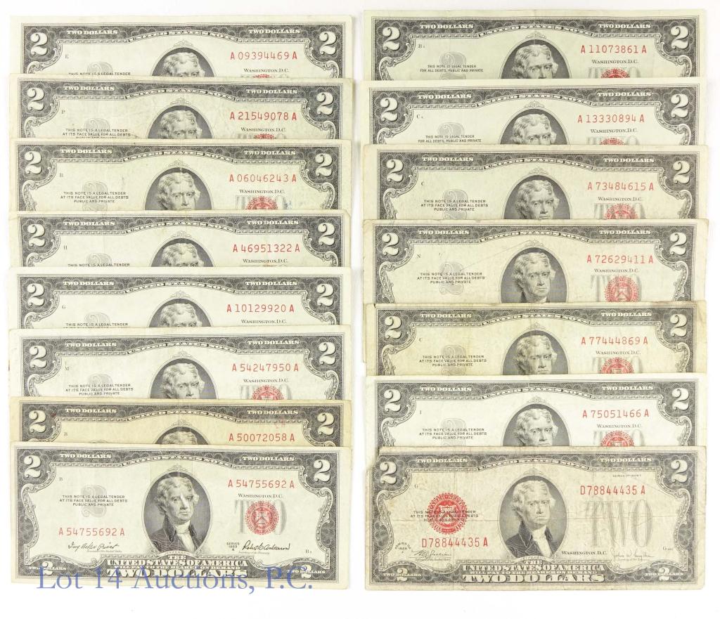 United States $2 Red Seal Notes 1928-63 (15): United States $2 red seal notes. Condition varies.: (1) Series of 1928F. Left corner missing. Many folds and wrinkles. ***** (4) Series of 1953. condition varies, but one notes does not have any appar