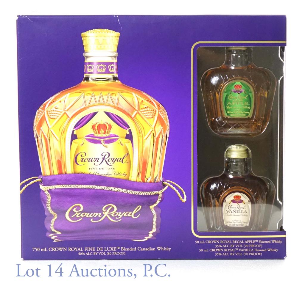 Crown Royal Gift Set: Crown Royal gift set is still sealed. The gift set contains (1) Crown Royal Fine De Luxe blended Canadian whiskey. 40% abv. 80 proof. 750 ml. (2) 50 ml Crown Royal samplers. Crown Royal Regal Apple. 3