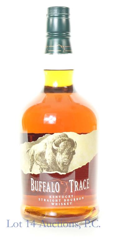 Buffalo Trace Bourbon 1.75 L: *** IF YOU MAY NEED SHIPPING, PLEASE CALL US BEFORE BIDDING ON BOTTLES! 847-625-0555. *** Buffalo Trace Kentucky straight bourbon whiskey. 90 proof. 1.75 liters.