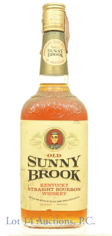 1960s / 70s Old Sunny Brook Bourbon ***: Old Sunny Brook Kentucky straight bourbon whiskey. 86 proof. 4/5 quart. Series 112 (Internal Revenue) tax strip (1960 - 1977). Dusty bottle. *** The tax strip on this bottle is torn, however the metal