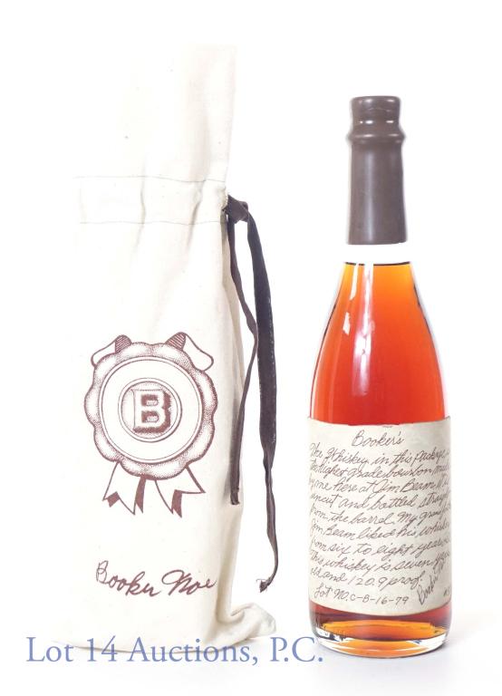 1979 Booker's 7 Year Old Bourbon - First Bottling: 120.9 proof, aged 7 years, 750 ml. Booker's first bottling, batch C-B-16-79 (barrel date 2/16/1979). Hand signed and numbered by Booker Noe. Bottle #355. Brown wax with no cracks. Includes original ba