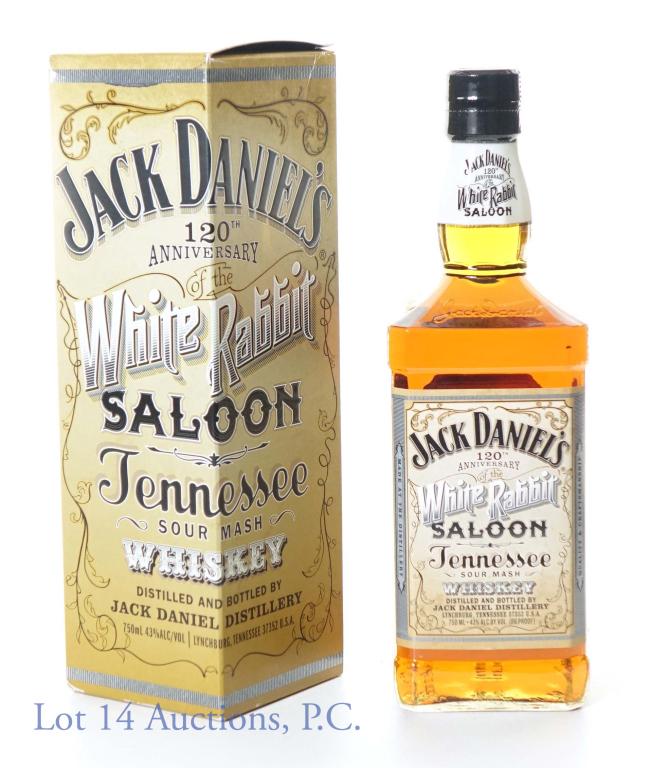 Jack Daniel's Whiskey - White Rabbit 1st Edition: 2012 Jack Daniel's Tennessee sour mash whiskey. 86 proof. 750 ml. 120th anniversary of the White Rabbit Saloon. Comes in original box. ***NOTE: This appears to be a first edition bottle as the front l