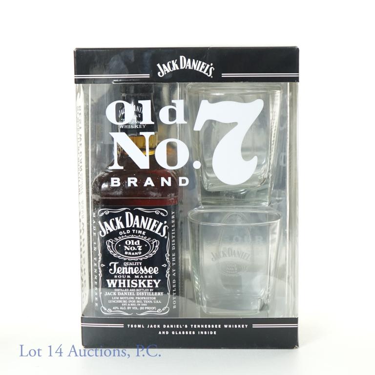 Jack Daniel's Whiskey & Glasses Box Set: Box set, includes: Jack Daniel's Old No. 7 brand Tennessee sour mash whiskey. 80 proof. 750 ml. ***** (2) Jack Daniel's Old No. 7 branded square bottom glass tumblers.