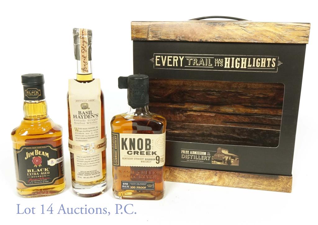 Kentucky Straight Bourbon Whiskey (3): A mix of 3 different brands of whiskeys. Knob Creek 9 year small batch. 100 proof. 50% abv. 375 ml. Etch: L1139CLJ *** Jim Beam Black Extra-Aged Bourbon. 86 proof. 43% abv. 375 ml. Etch: L1085CLH *** 