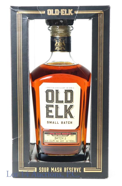 Old Elk Sour Mash Reserve Whiskey: Old Elk Sour Mash Reserve small batch straight bourbon whiskey. 52.5% abv. 105 proof. 750 ml. Batch 1. Full and sealed. Comes in original box (some rips and creases).