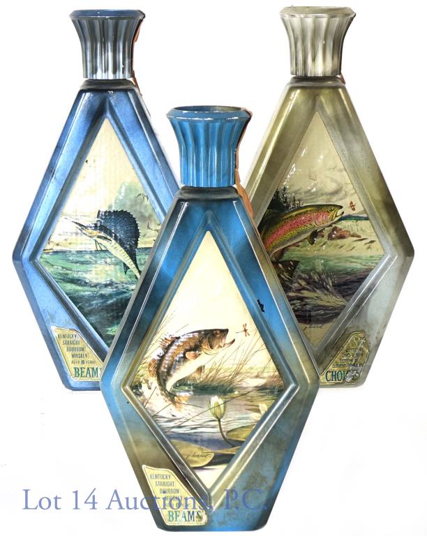 Beams Choice Bourbon Fishing Decanters (3): Complete set of (3) Beam's Choice Kentucky straight bourbon whiskey. 8 years. 86 proof. 4/5 quart. Series 112 (Internal Revenue) tax strips (1960 - 1977). These decanters are the complete set (largemo