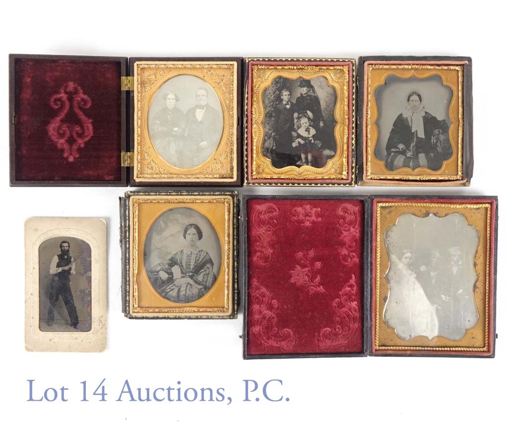 Daguerreotype Antique Photograph Collection: Antique Photograph Collection including 2 Daguerreotypes, 3 Ambrotypes, and a Tintype.Daguerreotypes (circa 1839 - 1860s) are inside folding cases with velvet lining. Daguerreotypes have a mirror-like