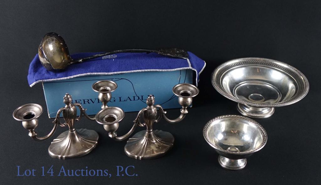 Sterling Silver Dinner and Candelabra Set: Set includes SG hallmark silver plated serving ladle product No 4905. Double sided pour ladle with SG England Hallmark and notch on back to keep it from sliding into the bowl. Comes with protective cl