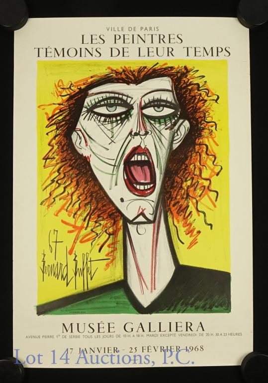 1968 Bernard Buffet Exhibition Lithograph: Original exhibition poster artist Bernard Buffet, "Les Peintres Temoins De Leur Temps", Ville de Paris, 1968, Musee Galliera. Original poster on matte offset paper. Plate signed. 76 X 52 cm. Printed b