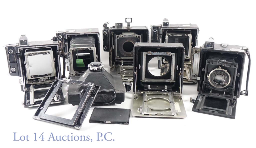 4 Graflex 4x5 Cameras, 1 Lens, 2 B&J Press Cameras: 4x5 aerial camera - with (Wollensak) Rapax Synchromatic Raptar wide-angle f 6.8 / 90mm lens (S/N 823505). Two Burke & James, Inc. B&J Press cameras, no lens, with only 1 back and 1 Kalart Range Finder