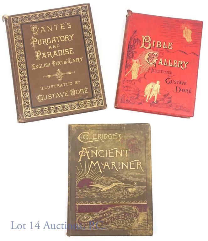 Gustave Dore Illustrated Dante, Bible and Mariner: All of these beautifully gilded antique books are illustrated by Gustave Dore. All have ex-library markings inside the front cover. The Rime of the Ancient Mariner in Seven Parts by Coleridge with ill