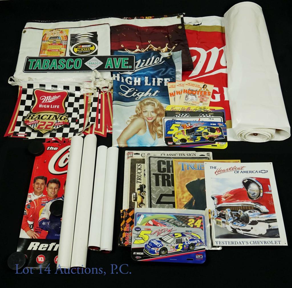 Nascar Banners, Posters and More: (1) 9x3" vinyl banner, Budweiser Racing #8 Earnhardt Jr. (2) 9x3" vinyl banner, Miller High Life "Official Beer Sponsor Milwaukee Mile" (3) Two, earlier Coca-Cola Racing Family posters. (4) Large 2004