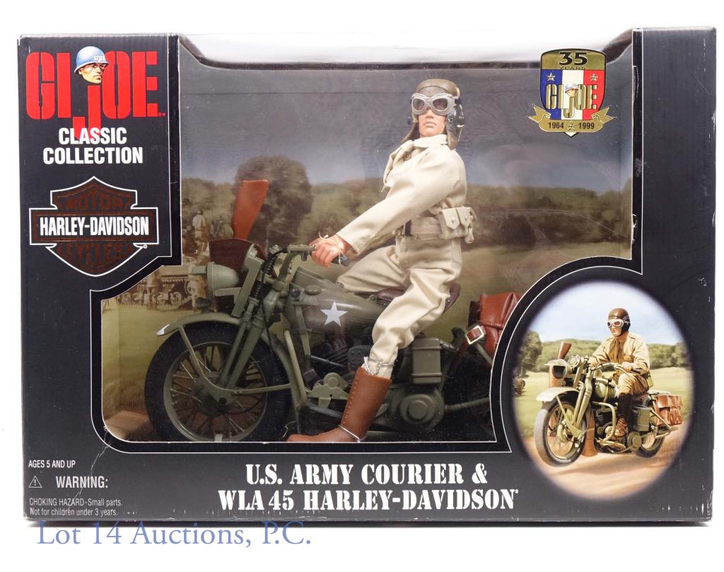 G.I. Joe U.S. Army Courier Harley Davidson - NIB: 1998 U.S. Army Courier & WLA 45 Harley-Davidson motorcycle. 35TH Anniversary. Comes with ammo pouches, helmet, goggles, dog tags, display base and more! Apart of the G.I. Joe Classic Collection. Box m