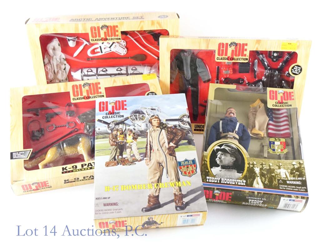 GI Joe Classic Collection Figures (5) 1997-1999: GI Joe Classic Collection. Includes: 1998 Underwater Demolition Set, 1998 K-9 Patrol Set, 1998 Arctic Adventure Set, 1999 Lieutenant Col. Teddy Roosevelt, and 1997 B-17 Bomber Crewman. All new in box.