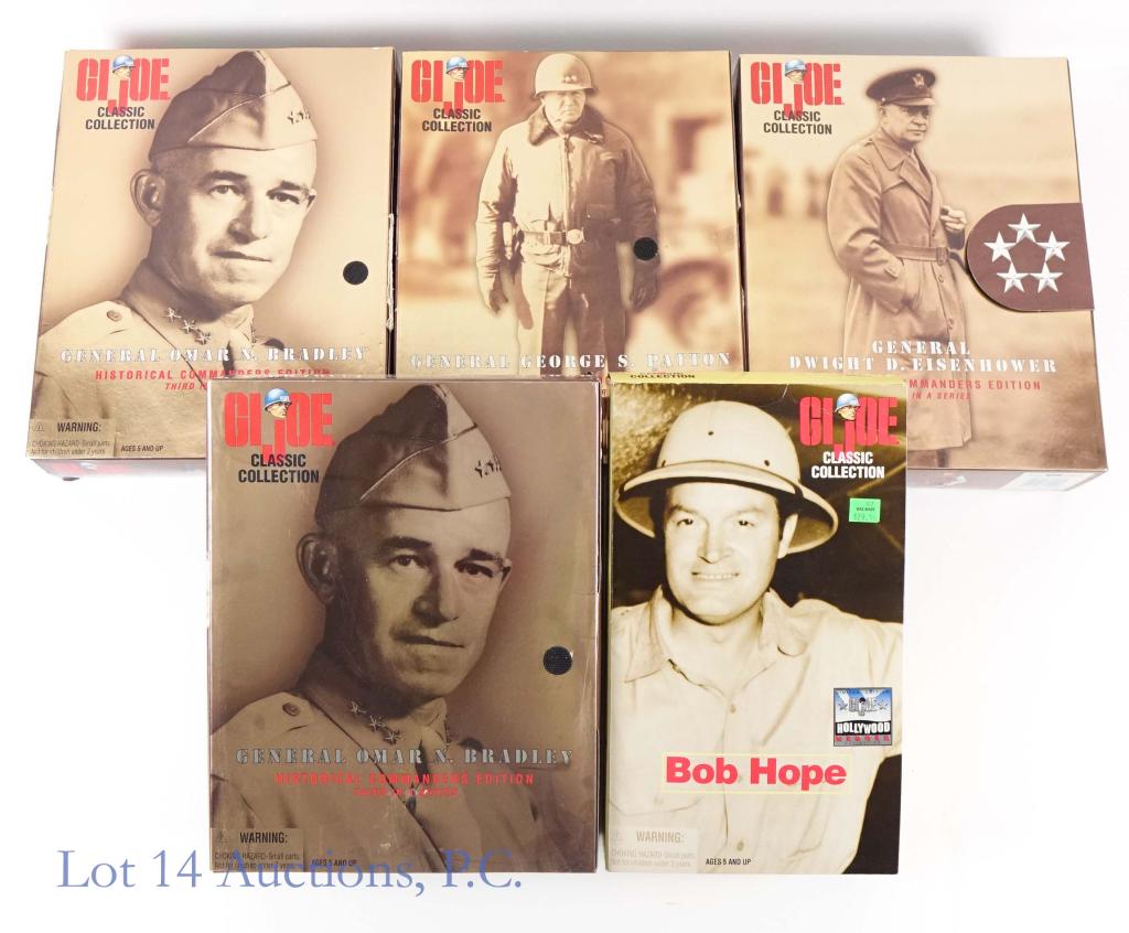 G.I. Joe Action Figures (5) 1997-1998: G.I. Joe Auction Figure Lot. Includes: 1997 General George S. Patton, 1998 General Omar N. Bradley (2), 1998 Bob Hope, and 1997 General Dwight D. Eisenhower. All new in box.