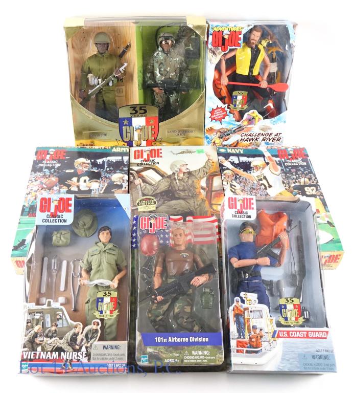 G.I. Joe Action Figures (8): GI Joe Action Figures. Includes: U.S Army Helicopter Pilot, Vietnam Nurse, Challenge at Hawk River, Army Football Quarterback, Navy Football Linebacker, 1964 G.I. Joe & Land Warrior G.I Joe Set, 101st