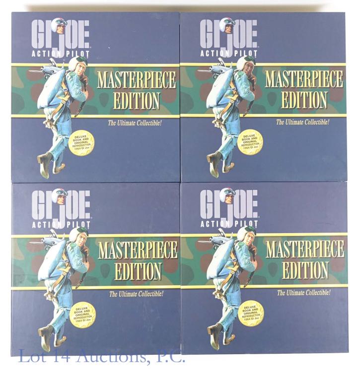 G.I. Joe Action Pilot - Masterpiece Edition (4): (2) Brand new G.I. Joe Action Pilot. Masterpiece edition. 1996 Hasbro, Inc. Deluxe book and original reproduction of a 1964 G.I. Joe figure. Light scuff marks on edges of box and the cover. Hat, dog t