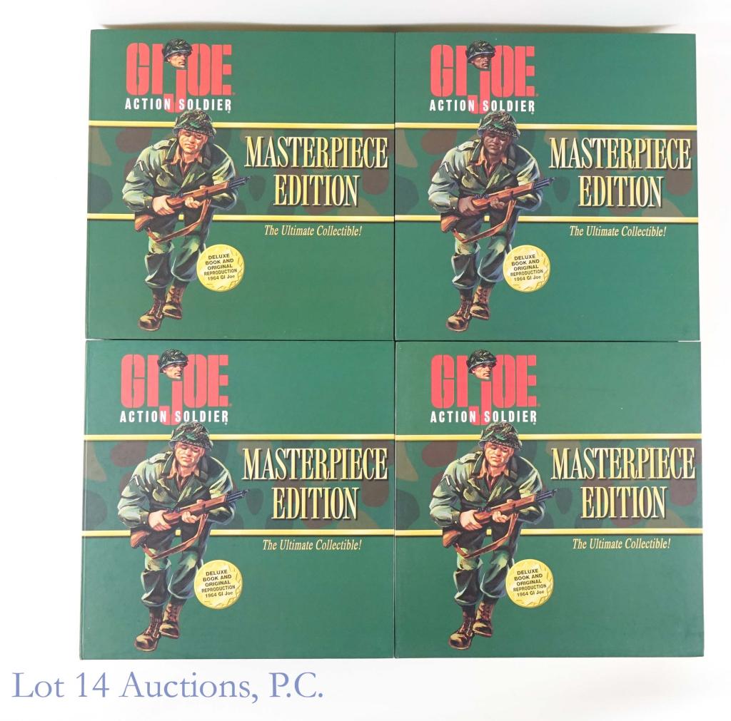 G.I. Joe Action Soldier- Masterpiece Edition (4): (2) Brand new G.I. Joe Action Soldier. Masterpiece edition. 1996 Hasbro, Inc. Deluxe book and original reproduction of a 1964 G.I. Joe figure. Light scuff marks on edges of box and the cover. Hat, dog