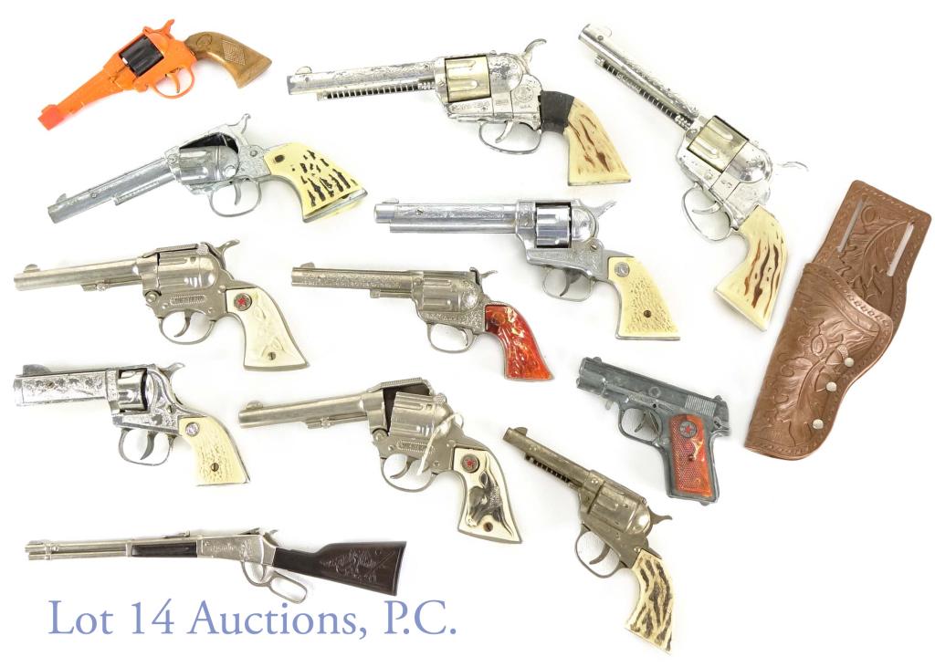 Toy Cap Guns - Stallion, Fanner, Western + (12): Lot of 12 toy cap pistols. Includes 2 Fanner guns, 2 Western guns, 1 Daisy gun, 1 Hubley gun, 1 Rodeo gun, 2 Stallion guns, 1 Champ gun, 1 Apache gun (made in Spain), and 1 Edison Giocattoli (made in 