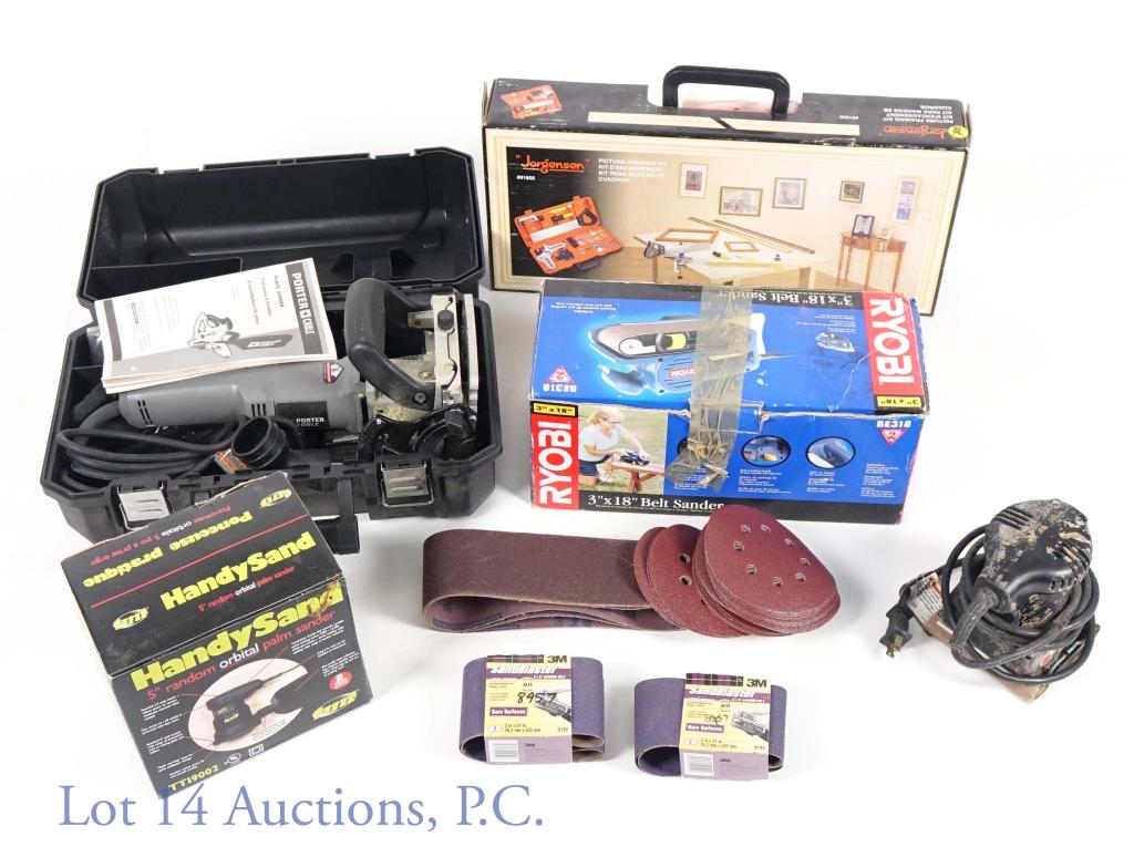 Sanders, Powers Tools, Joiner - Ryobi, Jorgensen: 1 Ryobi 3-inch belt sander, 2 orbital palm sanders, extra sanding belts, 1 Jorgensen picture framing kit, 1 Porter Cable plate joiner corded with case. All used.