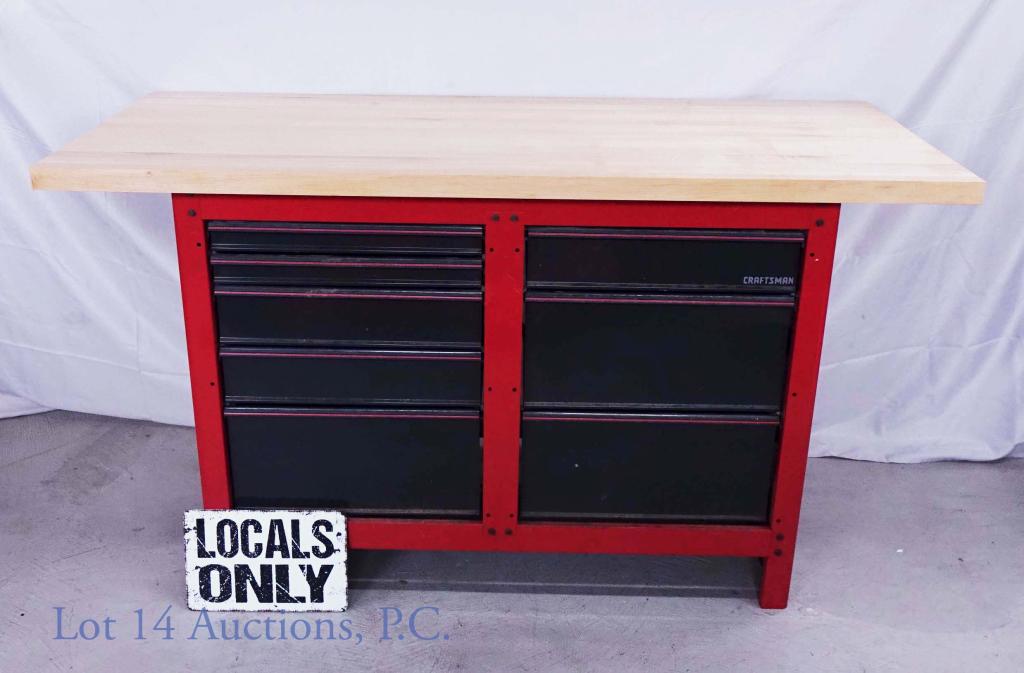 Large Craftsman Work Bench, Tool Box Combo: (1) 60 x 25 x 34 Work Bench Craftsman tool chest combo, 8-drawer floor unit no wheels. Local pickup only.