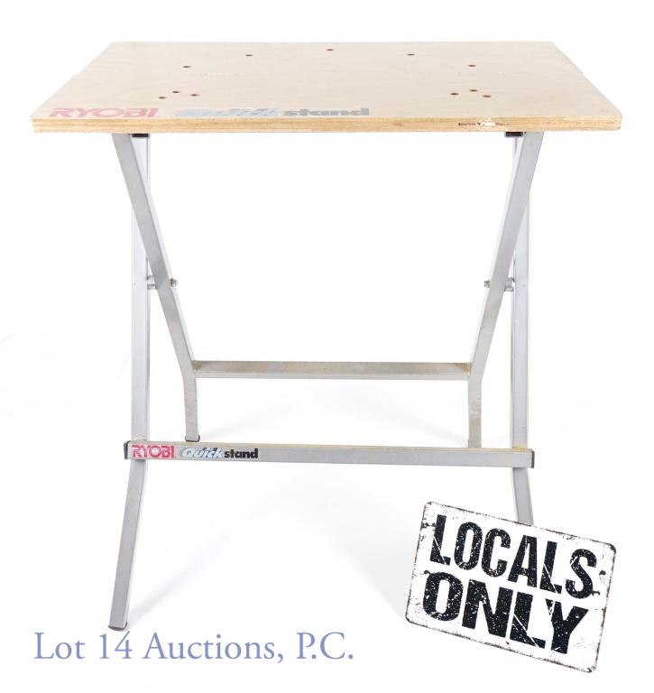 Tool Tables (2 Tables, 3 Pieces) - Ryobi, HTC: 1 - Ryobi quick stand foldable work table. 1 - HTC deluxe tool table, new, 13 x 23 x 1 top, in box. 1 - Table extension 3 roller (no stand). Local pick up only. (3 pieces).