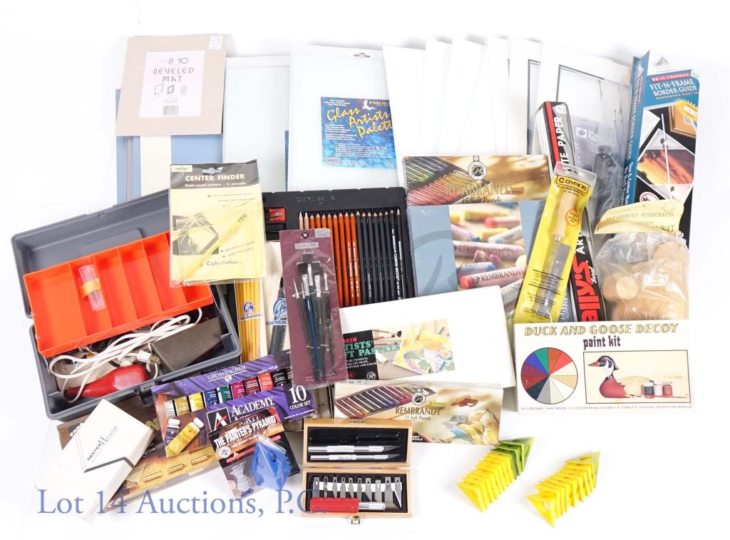 Art Supplies and Tools (BIG): (24) Plastic painters pyramids. (4) Packages artist canvas boards. (2) Packages glass artist's palette, 2 sizes. (15) Sizeable mat boards. (1) Wooden duck decoy, paintable. (1) Duck decoy paint kit. (