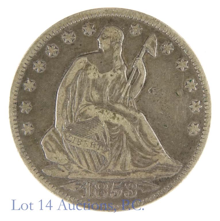 1853 Seated Liberty Half Dollar Arrows Rays: 1853 Seated Liberty half dollar - arrows & rays. 90% silver. Per consigner, VF+. *** Please note: we at Lot 14 Auctions are not professional coin graders. We are NOT grading these coins. We include in