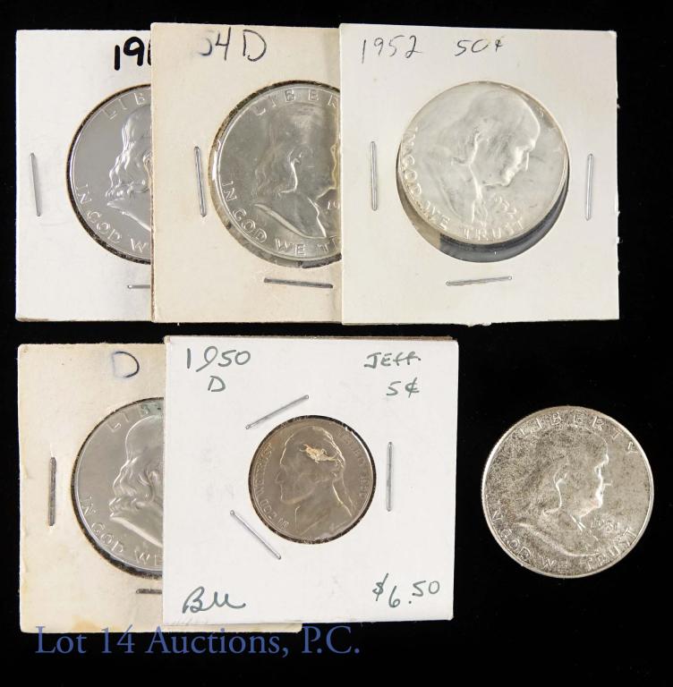 Franklin Half Dollars (5) + 1950-d Nickel, Better: (5) Franklin half dollars: 1951, 1952, 1954-d, 1958-d, 1962 (Proof). 90% silver. **** this lot also includes a 1950-d Jefferson nickel. Per consigner, this coin is in brilliant uncirculated condition.