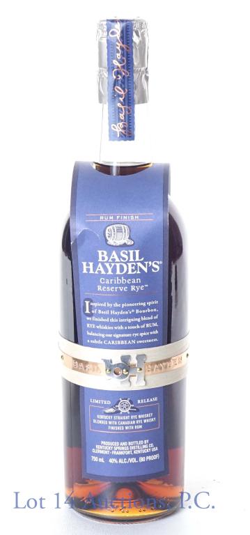 Basil Hayden Caribbean Rum Cask Reserve Rye: 80 proof, 750ml. Blend of 8-year-old Kentucky Straight Rye Whiskey and 4-year-old Canadian Rye Whisky, finished with the addition of Black Strap Rum.
