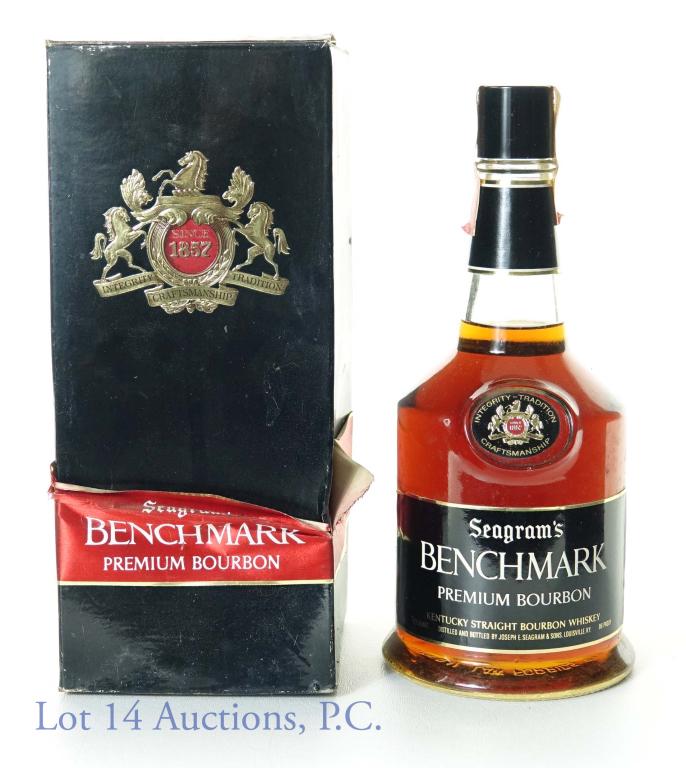 Seagram's Benchmark Bourbon (Series 112 IR): Seagram's Benchmark premium Kentucky straight bourbon whiskey. 6 years. 86 proof. 4/5 quart. Series 112 (Internal Revenue) tax strip (1960 - 1977). Comes in original (rougher condition) box.