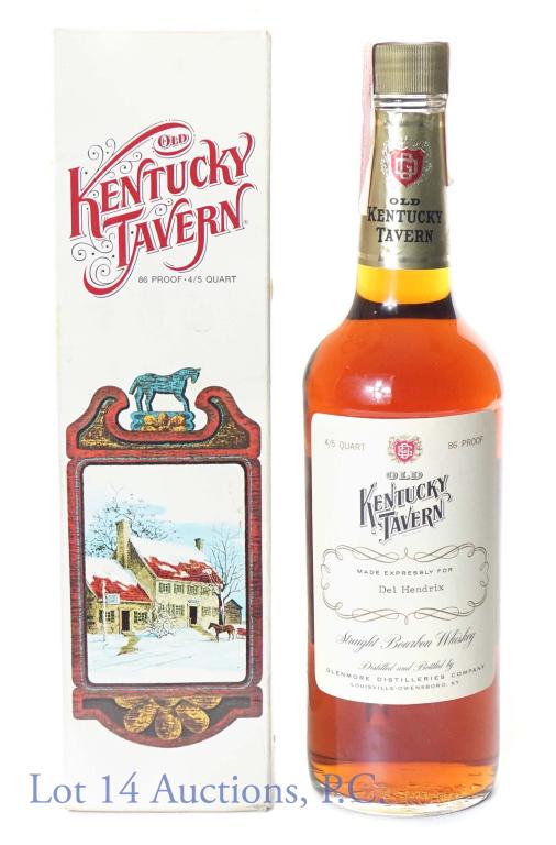 1960s/70s Old Kentucky Tavern Bourbon: Old Kentucky Tavern straight bourbon whiskey. 8 years. 86 proof. 4/5 quart. Glenmore Distilleries. Series 112 (Internal Revenue) tax strip (1960 - 1977). Comes in original (rougher condition) box.
