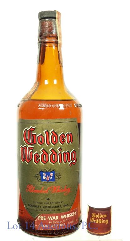 Golden Wedding Blended Whiskey - Pre War: Golden Wedding Blended Whiskey. Pre-War whiskey. Series 111 tax strip (1944-1960). Illinois tax stamp present. "Federal Law Prohibits Sale" embossed on bottle. 86 proof. 4/5 quart. Sealed, above shoul