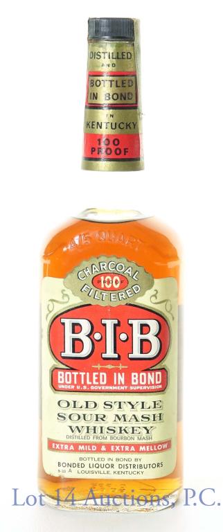 1969 B-I-B Sour Whiskey - 15 Yr (100 Proof): B-I-B old style sour mash whiskey distilled from bourbon mash. Barreled Spring 1954 - Bottled Fall 1969. Bottled in bond (100 proof). 4/5 quart. Kentucky Distilling Company.