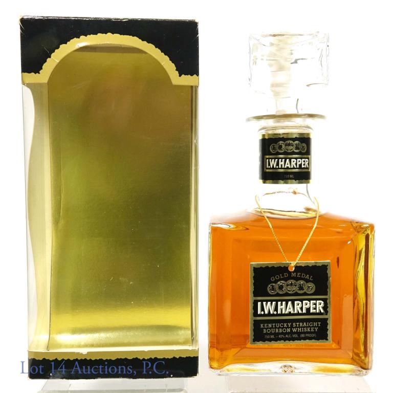 1988 (?) I.W. Harper Bourbon Decanter: I. W. Harper Kentucky Straight Bourbon Whiskey in glass decanter, in box, with neck tag. 750ml, 80 proof. "1191488" embossed on bottom of bottle. Stopper feels snug.