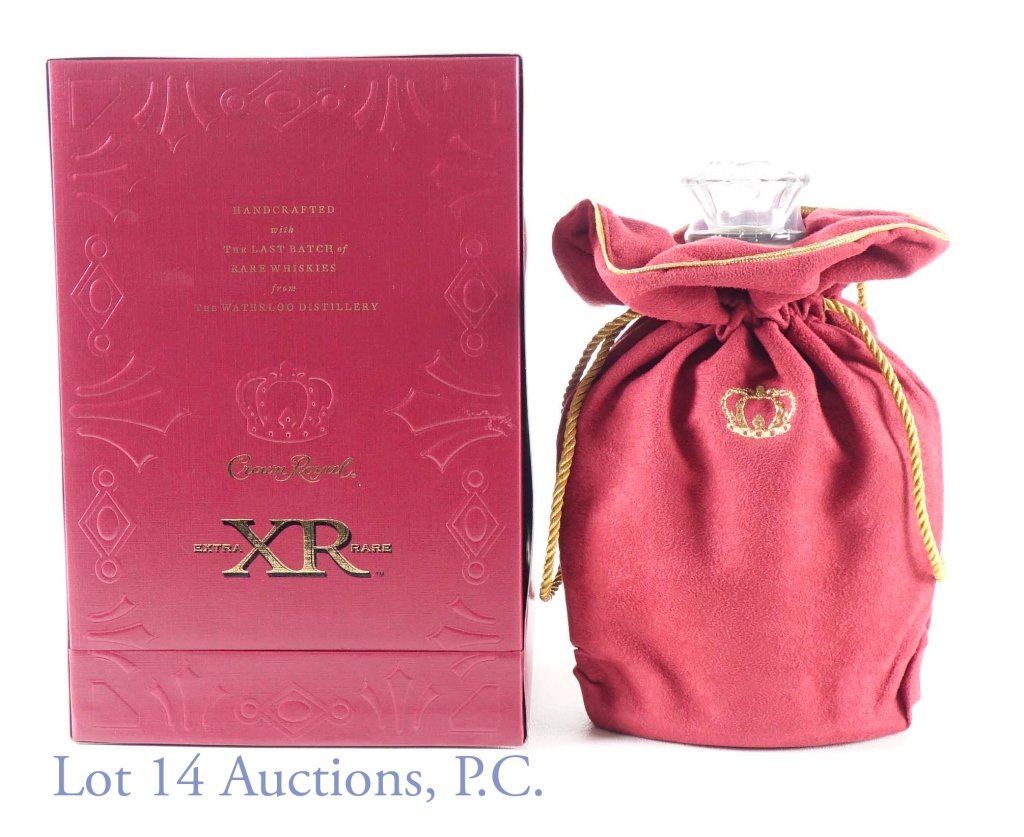 Crown Royal XR Extra Rare Whisky: Crown Royal Extra Rare XR (Red box) Whisky. "Handcrafted with the Last Batch of Rare Whiskies from The [Seagram's] Waterloo Distillery." 80 proof, 750ml. Complete with box, bag and box sleeve.