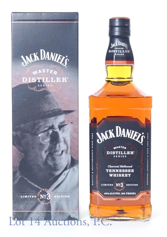 Jack Daniel's Master Distiller Whiskey No. 3: Jack Daniel's Tennessee whiskey. Limited edition Master Distiller series no. 3, Lem Tolley (1941-1964). Limited bottling no. MB 3676. 86 proof, 1 Liter. Comes in original box (some scratches). Bottle