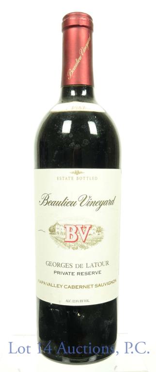 1987 BV George de Latour Cabernet Wine: 1987 Beaulieu Vineyard (BV) George de Latour Private Reserve cabernet sauvignon. 12.9% ABV. 750 ml. Napa Valley. Wine room and racks photo provided by consigner to show (most recent) storage of this c